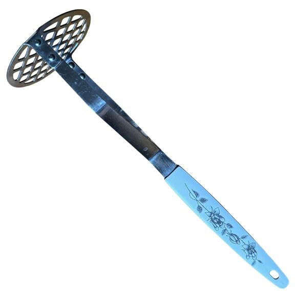Vintage Potato Masher Stainless Steel Japan White Gray Flowers Enamel Handle 10" - Picture 1 of 12